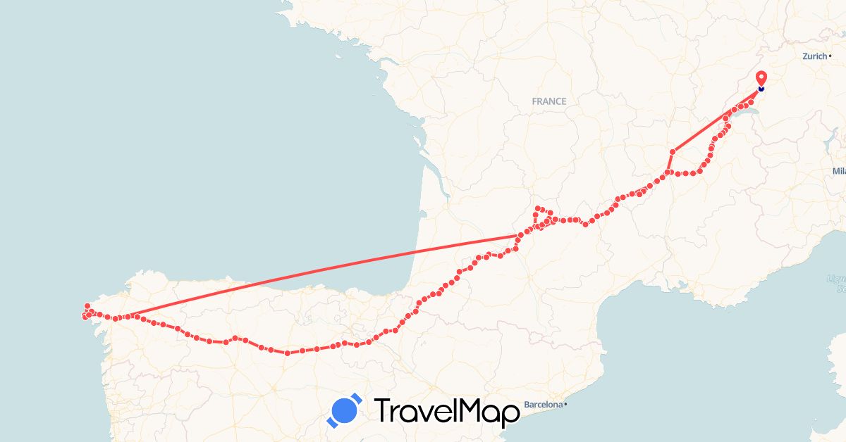 TravelMap itinerary: driving, hiking in Switzerland, Spain, France (Europe)
